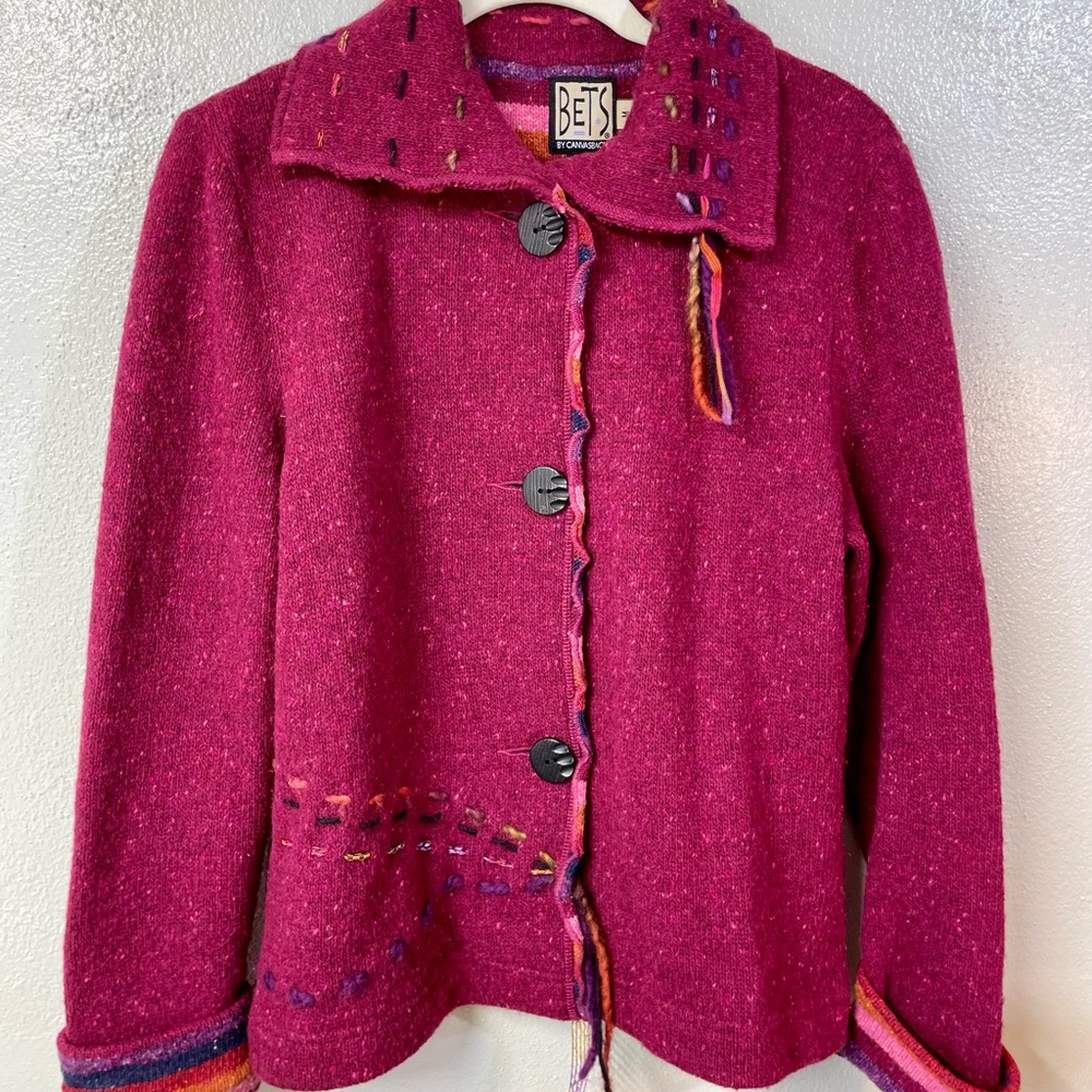 BETS Canvasbacks M Pink Knit Cardigan Button Front Wool Blend Boho Coat Textured
